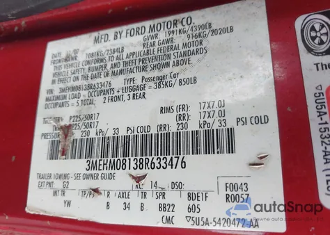 2008 Mercury Milan V6 Premier from USA, damaged, VIN 3MEHM08138R633476